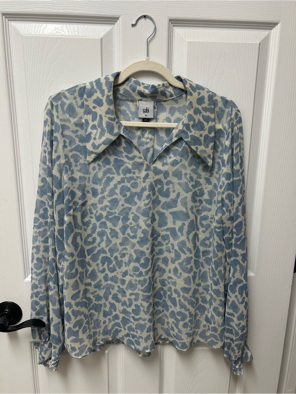 Cabi Pounce Blouse Blue Leopard Print Long-Sleeve Collared Top
